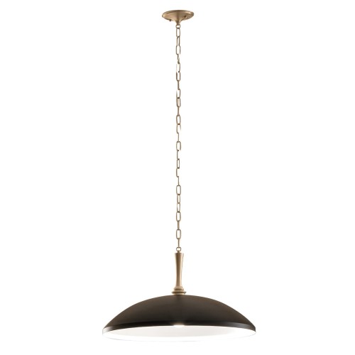 Nowoczesna lampa Delarosa wisząca, z dużym, matowym kloszem w kolorze czarnym, zawieszona na złotej, łańcuszkowej oprawie. Produkt widoczny z boku, ukazujący jego elegancki design. Tło białe, podkreślające styl lampy.
