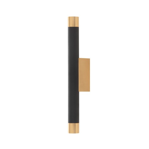 Kinkiet Q Parette Nero/Gold w formie prostej lampy wiszącej. Czarny, matowy korpus z dekoracyjnymi złotymi końcami. Widok frontalny, montowany na ścianie. Prosty design, idealny do nowoczesnych wnętrz, na białym tle.