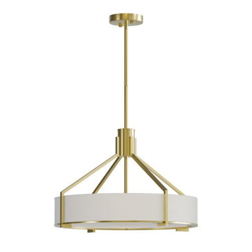 Lampa Doretto Old Gold 50cm zawieszana, o okrągłym abażurze w białym materiale z metalowym, złotym stelażem. Widok z przodu, podkreślając strukturowany kształt oraz eleganckie, geometryczne elementy montażowe. Idealna do nowoczesnych wnętrz.