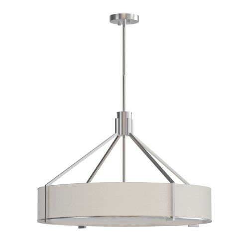 Lampa Doretto Satin Nikiel 70 cm w kolorze matowego niklu, z okrągłym kloszem z tkaniny w jasnym odcieniu. Wisząca konstrukcja z metalowymi ramami widoczna z boku, zawieszona na regulowanym przewodzie. Idealna do nowoczesnych wnętrz.