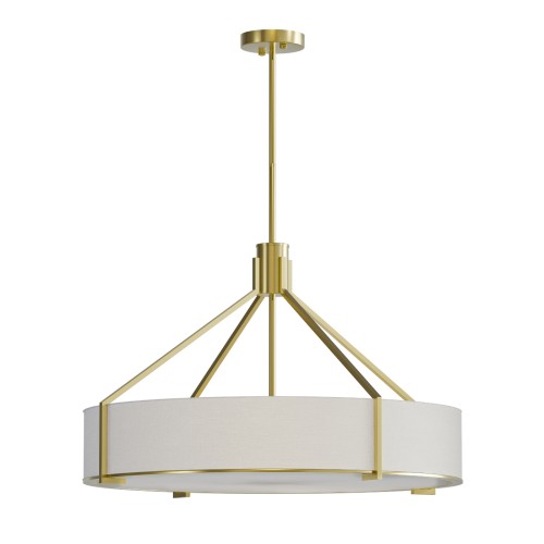 Lampa wisząca Doretto Old Gold o średnicy 70 cm, wykonana z metalowego stelażu w kolorze starego złota oraz białego abażuru w kształcie walca. Zawieszona na długim, prostym przewodzie. Produkt umieszczony na białym tle.
