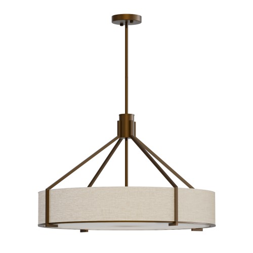 Lampa Doretto Chocco o średnicy 70 cm w kolorze beżowym z materiałowym kloszem i metalową, brązową konstrukcją, wisząca na cienkim, regulowanym drążku. Widok z przodu, na jednolitym tle, eksponujący elegancki design i prostokątny kształt.