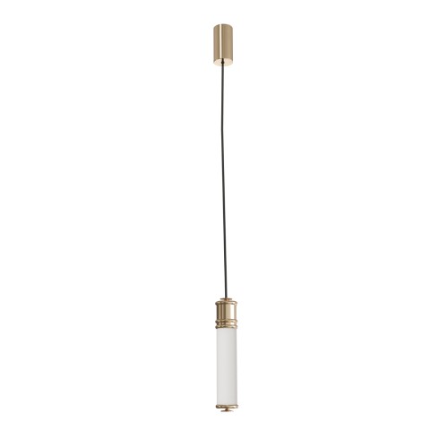 Lampa sufitowa Omi I Gold o cylindrycznym kształcie, z białym, matowym kloszem i złotym, metalowym mocowaniem. Wisząca, prezentująca elegancki design, idealna do nowoczesnych aranżacji wnętrz. Na jednolitym tle dla lepszej widoczności.