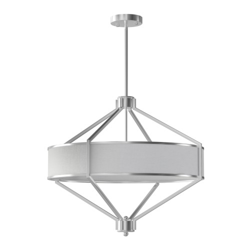 Lampa sufitowa Zundo w wykończeniu satynowego niklu, z okrągłym abażurem w jasnym odcieniu, zawieszona na cienkim przewodzie. Struktura metalowa o geometrycznym kształcie, widoczna mocowanie sufitowe. Idealna do nowoczesnych wnętrz.