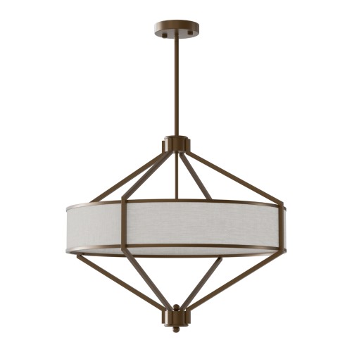Lampa sufitowa Zundo Chocco, w kolorze brązowym, z okrągłym abażurem z tkaniny i metalową konstrukcją. Zawieszona na cienkim pręcie, widok frontalny, prezentujący cztery ukośne ramiona w kształcie diamentu podtrzymujące abażur.