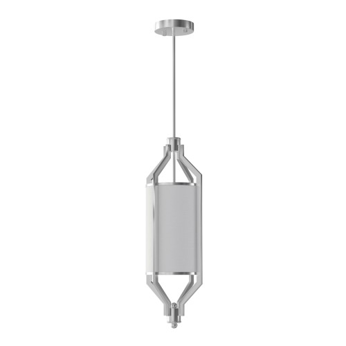 Lampa sufitowa Zundo w kolorze satynowego niklu, zawieszona na długim przewodzie. Okrągły, biały klosz z tekstylnym wykończeniem, umieszczony w metalowej ramie. Ujęcie frontalne, na białym tle. Idealna do nowoczesnych wnętrz.