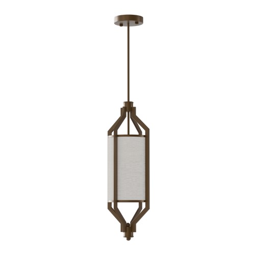 Lampa wisząca Zundo Chocco w kształcie cylindrycznym, z metalową ramą w odcieniu brązowym i abażurem z jasnego materiału. Produkt zawieszony na cienkim przewodzie, widok frontalny, na jednolitym tle. Idealna do aranżacji wnętrz.