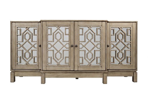 Glamour Komoda Avola 178cm, beżowa, z geometrycznymi złotymi zdobieniami i szklanymi drzwiami, na solidnych nóżkach, idealna do eleganckich wnętrz.