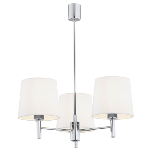 Lampa wisząca Bolzano Plus w białym kolorze z chromowanym wykończeniem. Posiada trzy abażury o cylindrycznym kształcie. Produkt jest zawieszony w pozycji wiszącej na długim metalowym wsporniku, w ujęciu frontalnym.