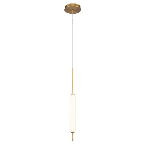 Lampa wisząca New York Cumberland w kolorze szczotkowanego złota. Posiada prosty, cylindryczny klosz z mlecznego szkła, wisząca na cienkim, białym przewodzie. Ujęcie frontalne, na jednolitym tle, ukazujące całą konstrukcję i detale mocowania.