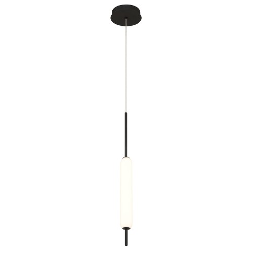 Matowa czarna lampa wisząca Cumberland z cylindrycznym, białym kloszem. Produkt zawieszony na cienkim drucie, z minimalistycznym designem. Ujęcie frontalne, na jednolitym tle, podkreślające prostotę formy. Idealna do wnętrz nowoczesnych.
