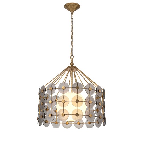 Lampa wisząca Meridian w przecieranym złocie z dekoracyjnym kloszem w kształcie walca, wykonanym z metalowych okręgów. Produkt zawieszony na złotej łańcuchu. Wewnątrz trzy żarówki otoczone przez okręgi, w białym tle.
