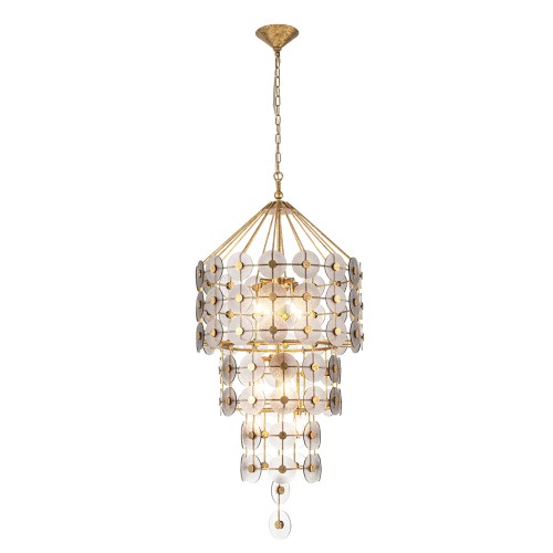 Lampa wisząca Meridian w kolorze przetartego złota z metalową konstrukcją, o kształcie stożka. Zawieszenie z łańcuchem, zdobiona przezroczystymi akcentami w formie okręgów. Montowana na suficie, widok frontalny.