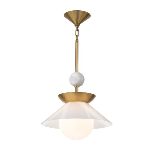 Średnia lampa wisząca w stylu retro z postarzanym mosiądzu. Posiada biały klosz w kształcie stożka oraz okrągłą, białą kulę. Zawieszona na złotej rurce, umocowana do sufitu za pomocą mosiężnej podstawy. Idealna do nowoczesnych wnętrz.
