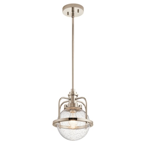 Lampa wisząca Triocent w kolorze polerowanego niklu, z przezroczystym kloszem o chropowatej fakturze. Produkt zawieszony na cienkim drążku. Widoczny detal montażowy oraz źródło światła wewnątrz klosza. Tło proste, białe.