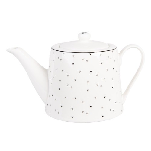 Porcelanowy czajniczek o wysokości 23 cm, w kolorze białym, zdobiony drobnymi czarnymi serduszkami. Kształt prosty, z wąskim dzióbkiem i wygodnym uchwytem. Pokrywka z małym uchwytem na górze. Idealny do serwowania herbaty.