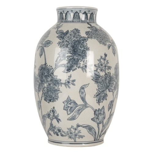 Wazon Hamptons Jacobean o wysokości 36 cm, ceramiczny, w kolorze kremowym z niebieskim, dekoracyjnym wzorem kwiatowym. Wąska szyja i zaokrąglona forma, górna krawędź zdobiona delikatnym, geometrycznym motywem.