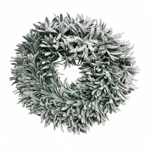 Ośnieżony wianek świąteczny o średnicy 40 cm, wykonany z zielonych gałązek, pokryty białym, sztucznym śniegiem. Wianek ma okrągły kształt i gęste, teksturowane liście, idealny do dekoracji drzwi lub wnętrza.