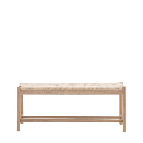 Beżowa ławka drewniana Eton o wymiarach 110x44x45 cm, z plecionym siedziskiem. Prosty, prostokątny kształt, z widocznymi nogami i wsparciem. Drewno w jasnym odcieniu, naturalna faktura plecionki, minimalistyczny design, idealna do nowoczesnych wnętrz.