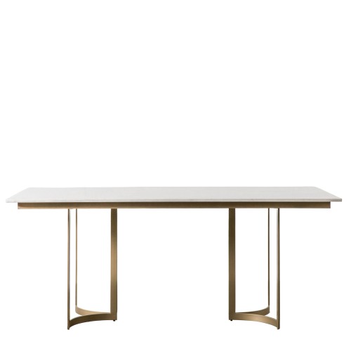 Nowoczesny stół metalowy Everton w kolorze złotym, o wymiarach 180x90x76 cm. Prostokątny blat z delikatnym wykończeniem na metalowych nogach w kształcie łuku, ustawiony frontalnie na jednolitym tle. Idealny do nowoczesnych wnętrz.
