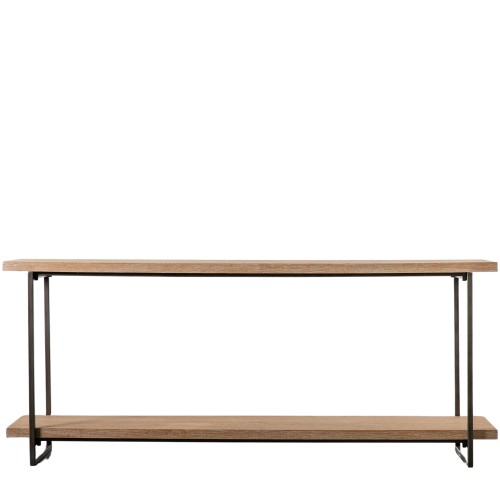 Konsola loftowa Brogdale w kolorze szarym, o wymiarach 181x40x75 cm, z dwiema półkami. Górna i dolna powierzchnia z drewna, metalowe, czarne nogi w minimalistycznym stylu, leżąca na prostym tle.