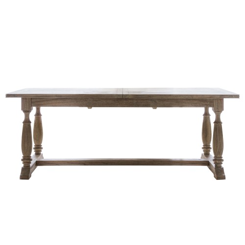 Rozkładany stół klasyczny drewniany Rustique w kolorze naturalnego drewna, o wymiarach 100x200x75 cm. Stół ma solidne, okrągłe nogi z dekoracyjnymi detalami, z widocznym połączeniem blatu. Ułożony w pozycji leżącej na białym tle.