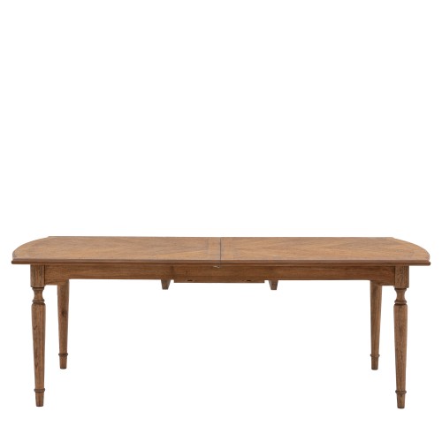 Klasyczny stół drewniany Highgrove, rozkładany, w kolorze naturalnego drewna. Wymiary 215/260x75x100 cm, z eleganckimi, lekko zaokrąglonymi krawędziami i czterema stabilnymi nogami. Widoczny mechanizm rozkładania na środku blatu.