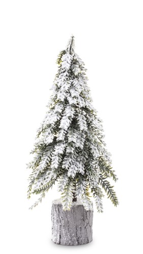 Ośnieżona choinka dekoracyjna o wysokości 37 cm, umieszczona na szarym pieńku. Gałęzie pokryte białym sztucznym śniegiem, z ciemnozielonymi igłami. Stoi na białym tle, co podkreśla jej detale.