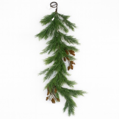 Girlanda sosnowa o długości 180 cm, z zielonymi igłami i dekoracyjnymi szyszkami w odcieniach brązu. Zawieszona w pozycji pionowej, z widocznym naturalnym wyglądem. Tło białe, co podkreśla detale girlandy.