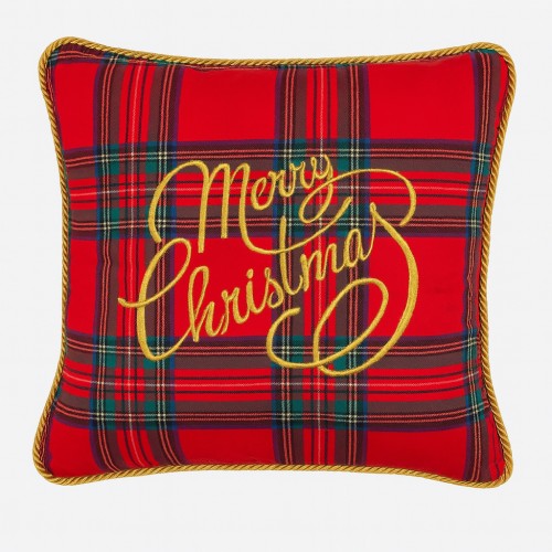 Czerwona dekoracyjna poduszka w świąteczną kratę z haftem Merry Christmas w kolorze złotym. Produkt ma zaokrąglone krawędzie i ozdobne wykończenie. Idealna do świątecznego wystroju wnętrz.