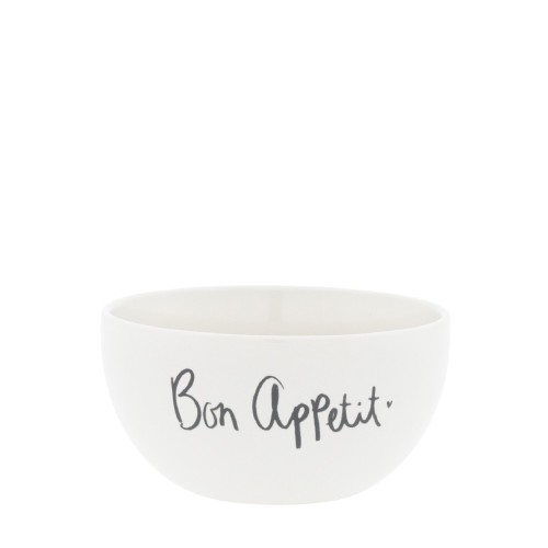Miseczka Bon Appetit z kolekcji Bastion Collection, okrągła i biała, z widocznym napisem „Bon Appetit” w czarnym kolorze, w ujęciu frontalnym. Idealna do serwowania przekąsek lub jako dekoracyjny element.