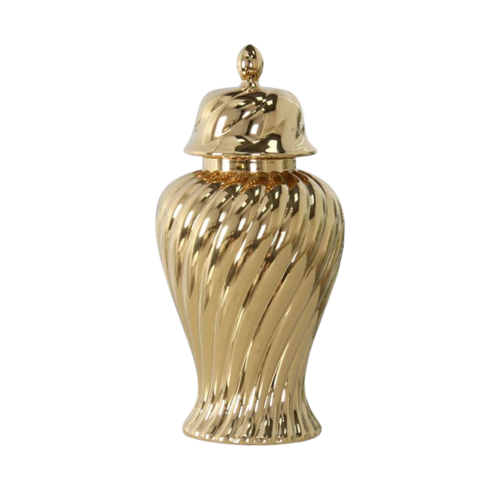 Ceramiczna waza Amfora Goldi w kolorze złotym, wysokość 37 cm. Posiada elegancki, falisty kształt z dekoracyjnym wieczkiem. Powierzchnia błyszcząca, z delikatnym wzorem. Idealna jako dekoracja wnętrza lub pojemnik na kwiaty.