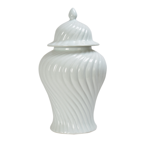 Ceramiczna waza Amfora w białym kolorze, wysoka na 53 cm, o spiralnym wzorze i zamknięciu w formie ozdobnej pokrywy. Gładka, błyszcząca powierzchnia podkreśla elegancki kształt. Idealna do dekoracji wnętrz.