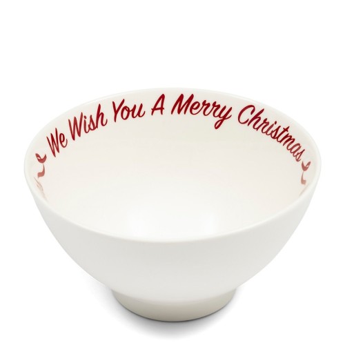 Biała miseczka o okrągłym kształcie z napisem We Wish You A Merry Christmas w czerwonym kolorze na wewnętrznej krawędzi. Produkt stoi na płaskiej podstawie, idealny do serwowania potraw świątecznych.