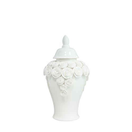 Waza ceramiczna w kolorze białym o wysokości 38 cm, z dekoracyjnymi, wypukłymi różami na górnej części. Ma okrągły kształt z lekko zwężającą się podstawą i zaokrągloną pokrywkę. Idealna jako element dekoracyjny.