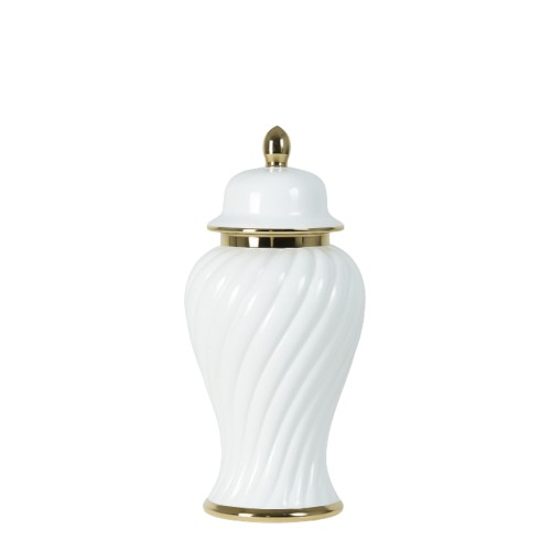 Ceramiczna waza Amfora Prestige o wysokości 27 cm, w kolorze białym z złotymi akcentami. Posiada falistą fakturę oraz dekoracyjny czubek. Waza stoi na stabilnej, złotej podstawie, idealna do eleganckiego wystroju wnętrz.