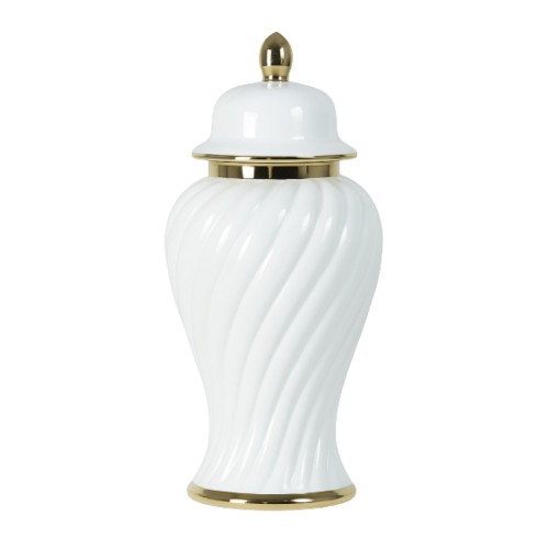 Waza ceramiczna Amfora Prestige o wysokości 50 cm, w kolorze białym z dekoracyjnymi złotymi akcentami. Posiada falistą fakturę oraz przykrywkę z ozdobnym, złotym wierzchołkiem. Stoi na stabilnej, złotej podstawie.