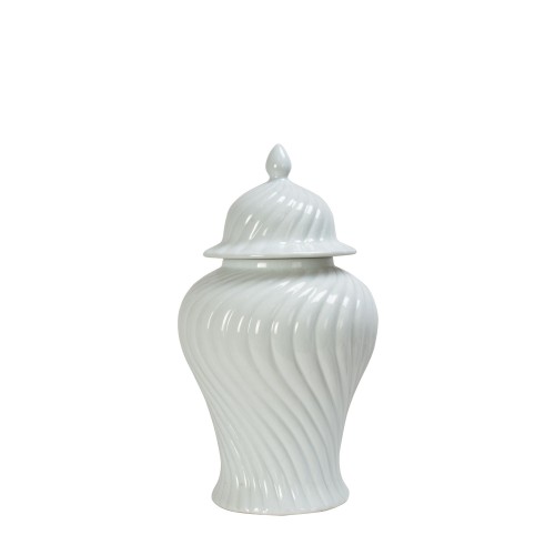 Waza ceramiczna Amfora w kolorze białym, wysokość 39 cm, z pokrywką. Posiada elegancką, spiralną fakturę oraz ozdobny, stożkowaty czubek. Stoi w pozycji pionowej, na prostym tle. Idealna do dekoracji wnętrz.