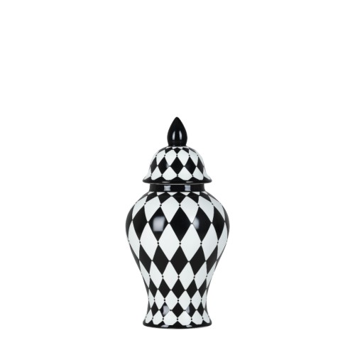 Ceramiczna amfora w czarno-białą rombową kratkę, wysoka na 32 cm, z ozdobnym stożkowym wiekiem. Produkt stoi na płaskiej powierzchni, z wyraźnym wzorem. Idealna do dekoracji wnętrz.