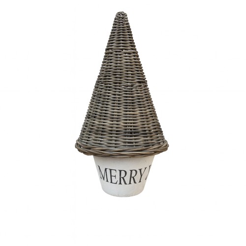 Dekoracja rattanowa w kształcie choinki o wysokości 40 cm, w odcieniu szaro-beżowym. Posiada doniczkę z napisem MERRY, stojącą na płaskiej powierzchni. Wykonana z plecionki, idealna na świąteczne dekoracje.