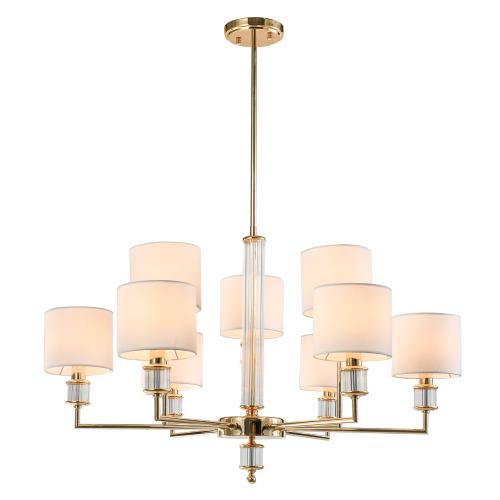 Lampa wisząca Sutton w kolorze złotym z sześcioma mlecznymi kloszami. Klosze są umieszczone na prostych ramionach, a w centralnej części znajduje się dekoracyjna, przezroczysta kolumna. Zawieszona na długim, metalowym przewodzie.