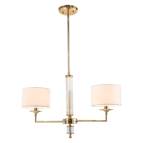 Lampa wisząca Sutton w kolorze złotym z dwiema białymi abażurami. Główna konstrukcja z metalowym wykończeniem, ozdobiona przezroczystym elementem w centralnej części. Produkt zawieszony na długim, złotym przewodzie.