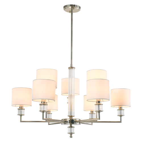 Lampa wisząca Sutton w kolorze złotym z sześcioma białymi kloszami na metalowych ramionach. Klosze mają cylindryczny kształt, a lampa zawieszona jest na długim, metalowym przewodzie. Przeznaczona do nowoczesnych wnętrz.