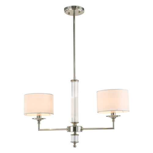 Lampa wisząca Sutton z metalowym stelażem w kolorze niklu, wyposażona w dwa białe abażury. Wysoka, cylindryczna część centralna jest teksturowana. Produkt zawieszony na długim przewodzie, w widoku frontalnym.