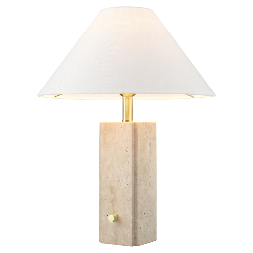 Lampa stołowa Orleans o wysokości 50 cm z białym kloszem stożkowym i podstawą w kolorze jasnego kamienia. Złoty element włącznika na przedniej stronie podstawy. Stojąca, nowoczesna forma, idealna do wnętrz.