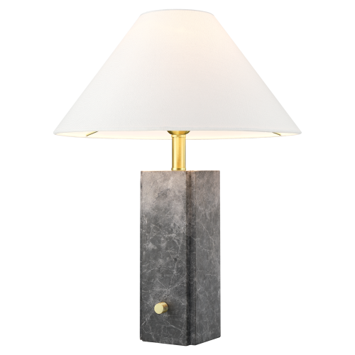 Lampa stołowa Orleans o wysokości 50 cm, z podstawą z szarego marmuru, zakończona białym, stożkowym kloszem. Metalowe elementy w kolorze złotym. Prosty design, odpowiednia do nowoczesnych wnętrz.