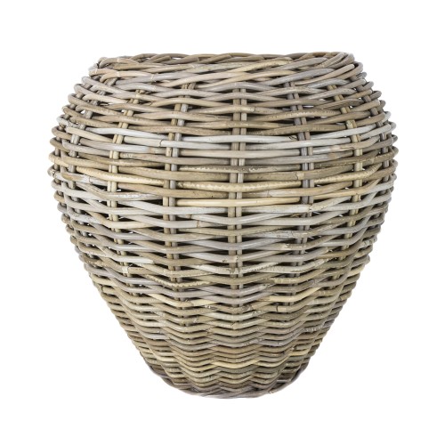 Donica rattanowa w kształcie owalnym, wysokość 55 cm, w naturalnych odcieniach beżu i brązu. Plecionka z widoczną teksturą, z szerokim otworem u góry. Produkt idealny do wnętrz oraz na zewnątrz.