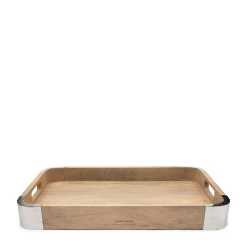 Taca Bellwood 60x40 cm z drewna z metalowymi uchwytami. Prosty, prostokątny kształt, naturalny kolor drewna. Widoczny napis RIVIERA MAISON na dnie. Ujęcie z boku, ukazujące detale wykończenia i uchwyty.