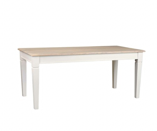 Stół Bristol w kolorze białym, o wymiarach 180x90x78 cm. Prosta forma, prostokątny blat z jasnym wykończeniem, cztery proste nogi. Ujęcie z boku, ukazujące detal konstrukcji i kształt. Idealny do jadalni lub kuchni.