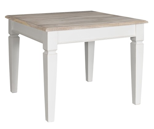 Stół Bristol w kolorze białym o wymiarach 100x100x78 cm z drewnianym blatem w odcieniu naturalnym. Ujęcie frontalne, produkt stoi na czterech prostokątnych nogach. Tło proste, białe. Brak widocznych napisów i dekoracji.